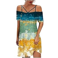Women Cutout Spaghetti Strap Cold Shoulder Sheath Dress Fashion Marble Print Summer Short Sleeve Tunic Knee Dresses