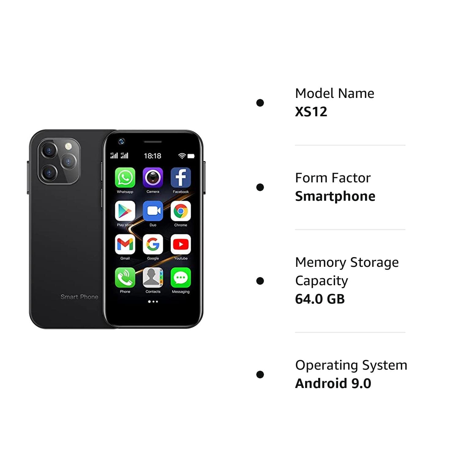 Global Version Soyes XS12 Mini 4G Smartphone 3.0 Inch Dual Sim Ultra Thin Unlocked Card Mobile Phone WiFi Bluetooth Hotspot Student Pocket Cellphone (Black 64GB)