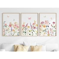 Set Of 3 Prints Wildflowers With Butterflies Wall Art Watercolor Floral Canvas Painting for Dining Room Kitchen Decor Ready To Hang