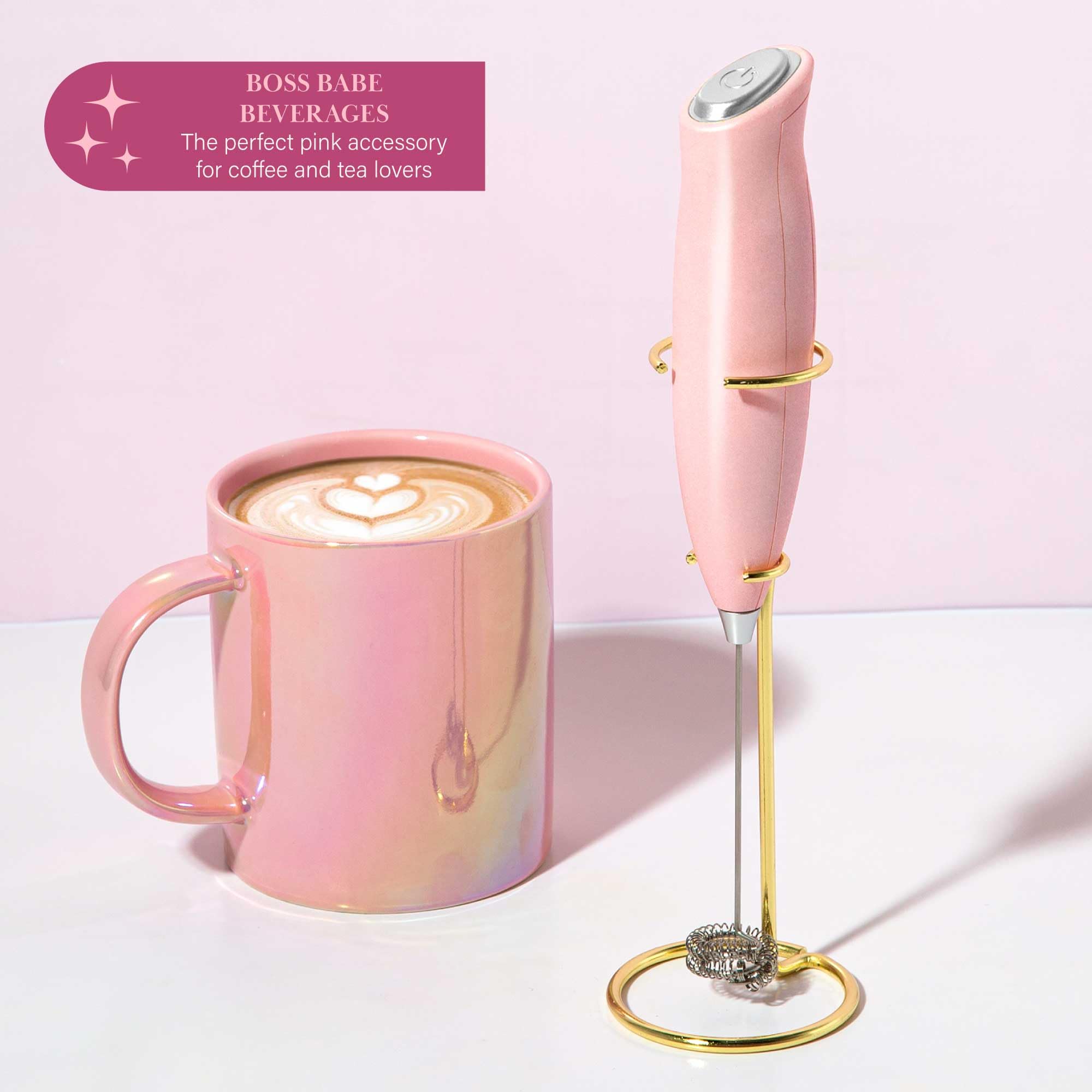 Paris Hilton Electric Handheld Milk Frother with Double Coil Head Whisk and Gold Metal Stand, Battery Powered (2 AA Batteries Required but Not Included), Pink Sparkle Finish