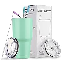 30 oz Tumbler with Lids and Straws,Stainless Steel Vacuum Insulated Coffee Tumbler,Powder Coated Insulated Travel Mug with Leak-Proof Straw Lid & Flip Lid,3 Metal Straws,1 Cleaning Brush(Light Green)