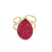 Natural Agate Druzy Pear Shape Adjustable Rings Gold Plated Gemstone Handmade Rings Jewelry EJ-1084