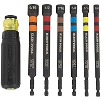 Klein Tools 32950 Ratcheting Impact Rated Hollow Power Nut Driver Set with Handle, Magnetic, Color Coded, 6 SAE Hex Sizes