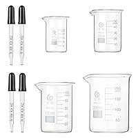 Glass Beaker Set, 4 Pack Graduated Measuring Beakers 25ml 50ml 100ml 200ml Low Form Griffin Thick Wall Lab Beakers with 4 Pcs 1ml Glass Pipette