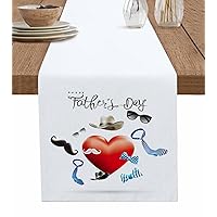 Happy Father's Day Table Runner 108 Inches Long for Dining Table, Washable Cotton Linen Farmhouse Table Runners Dresser Scarf for Kitchen Party Holiday Love Heart Tie Sunglasses Beard