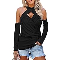 Cold Shoulder Tops for Women Sexy Halter Neck Hollowed Out Long Sleeve Casual Blouse with Detachable Sleeves