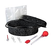 Granite Ware 19 in Oval Roaster Set (10pcs), includes Lid, Rack, 2 pack brining bags, oven/grill-safe meat Thermometer, Turkey Baster with silicone bulb, and a small brush.