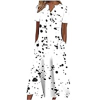 Akivide Women's Boho Button Down Floral Dress with Pockets Summer Short Sleeve V Neck Midi Casual Dresses for Women