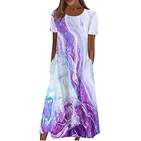 Summer Dresses for Women Casual Loose Beach Dress Short Sleeves Round Neck Sundresses Floral Print Maxi Dress with