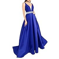 Women's Deep V-Neck Beaded Prom Dress Long Satin Lace Up Evening Party Dresses with Pocket