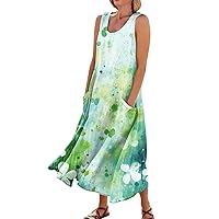 HTHLVMD Womens St. Patrick's Day Dress Shamrock Green Irish Print Cotton Linen Dress with Pockets Sleeveless Summer Dress