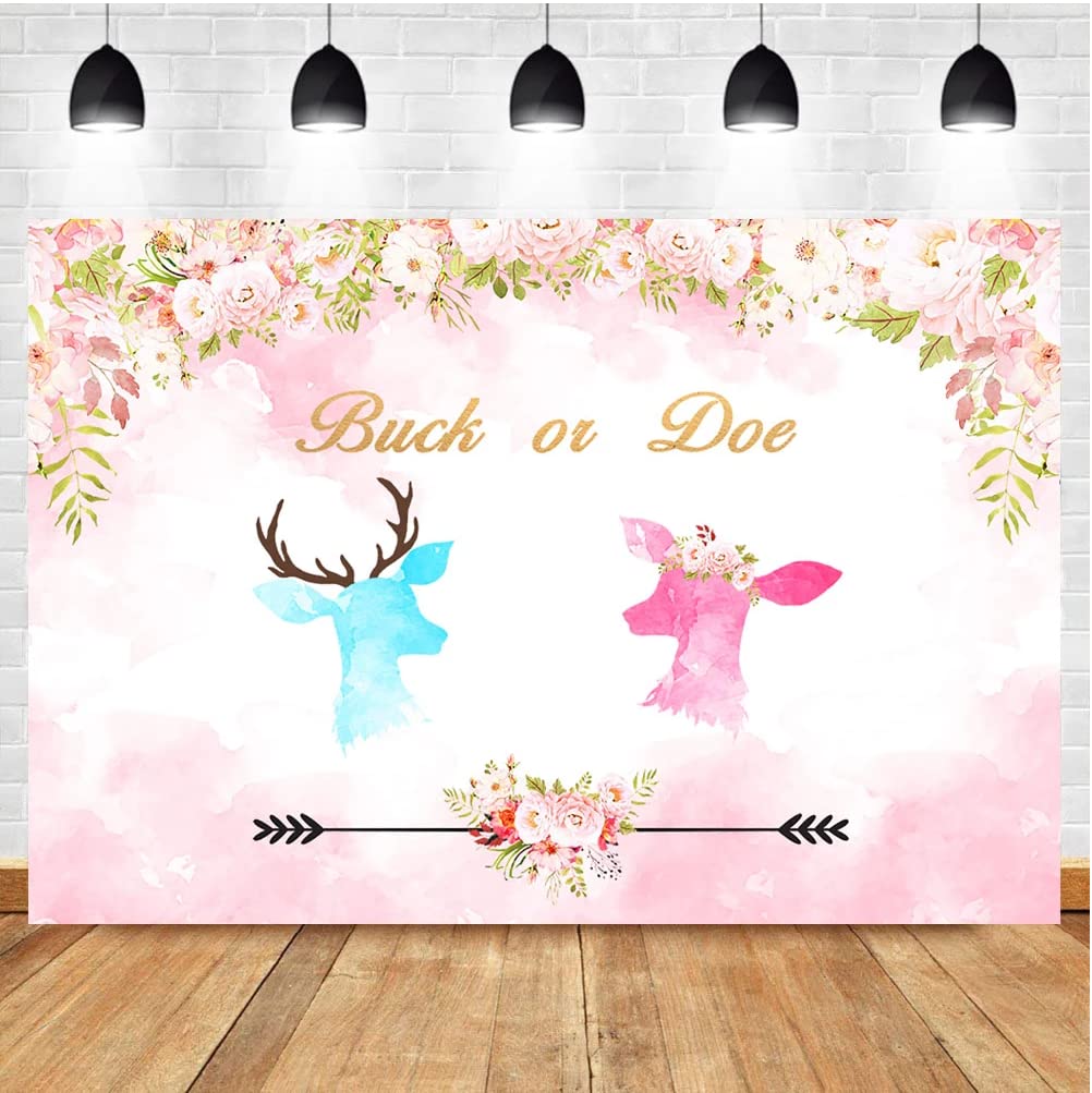 Deer Gender Reveal Backdrop Buck and Doe Baby Shower Background Watercolor Flowers Pregnancy Announcement Photo 7x5ft