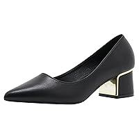 Women Leather Pump Shoe Office Daily Wear Work Pump Block Heel Pointed Toe Polished Mid Heels