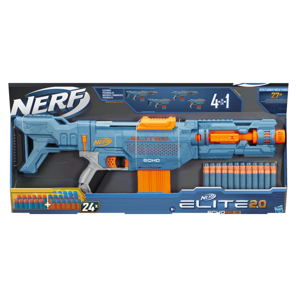 Nerf Elite 2.0 Echo CS-10 Blaster – 24 Official Nerf Darts, 10-Dart Clip, Removable Stock and Barrel Extension, 4 Tactical Rails, Multicolor, 6.67 x 68.58 x 31.75 cm