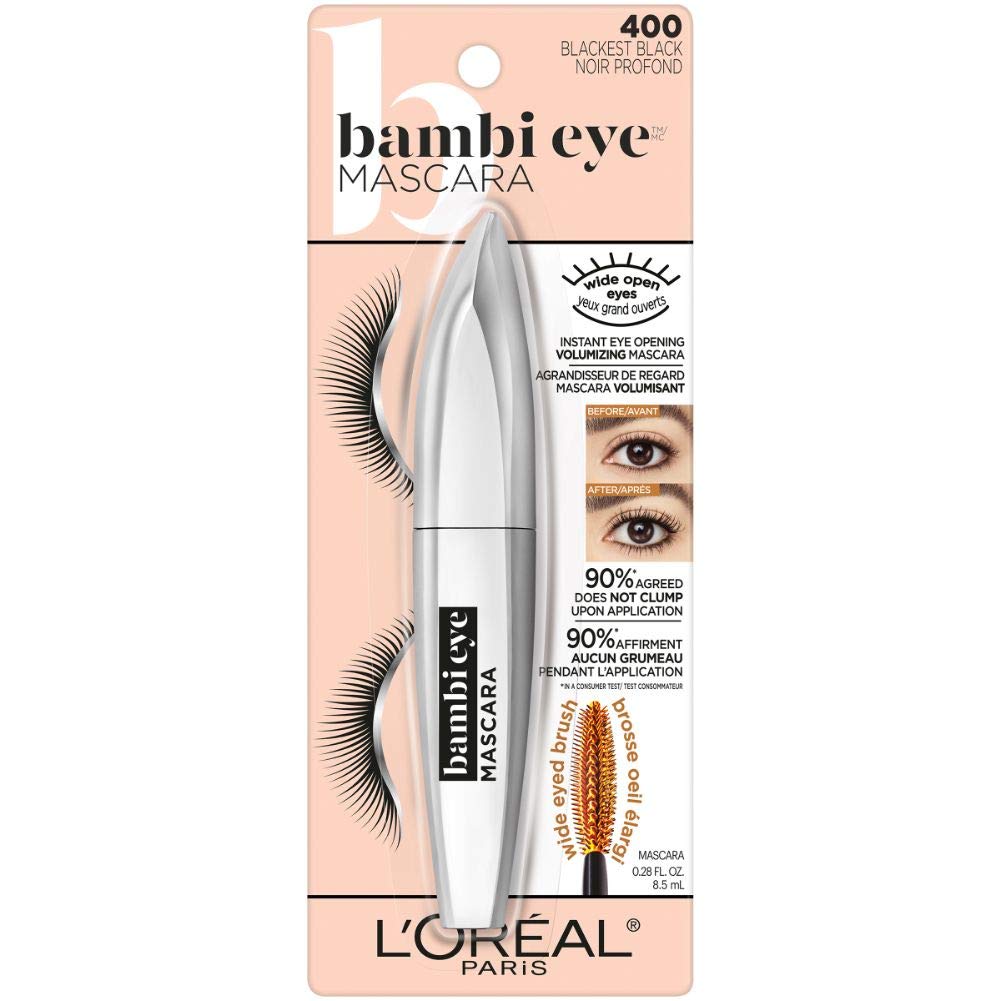 L’Oréal Paris Makeup Bambi Eye Mascara, Lasting Volume, Length & Lift, Doe-eye Definition, No Clumping, Washable, Blackest Black 0.21 Fl Oz