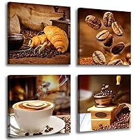 Kitchen Canvas Art Coffee Bean Coffee Cup Canvas Prints Coffee Wall Decor-4 Panels Framed Ready To Hang Coffee Image-Table Dining Room Canvas Wall Art Contemporary Pictures for Dining Home Decoration
