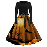 2023 Fall Halloween Dresses for Women, Pumpkin Face Printed Round Neck Long Sleeve A-Line Tie Dresses