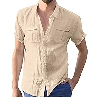 Mens Casual Linen Cotton Button Down Short Sleeve Shirts Lightweight Loose Cuban Camp Guayabera Beach Shirts Tops with Pocket