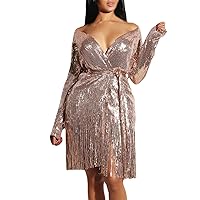 XJYIOEWT Pink Easter Dress Women,Sequin Dress for Women Long Sleeve V Neck Sparkly Glitter Mini Dress Elegant Wedding Co