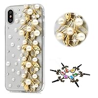 iPhone XR Case - Stylish - 100+ Bling Crystal - 3D Bling Handmade Leaf Pearl Design Cover for iPhone XR - Gold
