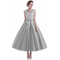 Women's Beach V-Neck Cap Sleeve Wedding Dress Tea Length Lace Prom Evening Party Gowns