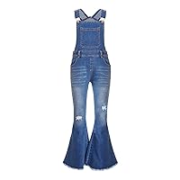Kids Girls Washed Blue Denim Overalls Ripped Bell Bottoms Flare Jeans Romper Jumpsuit Fashion Streetwear