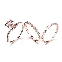7x9mm Natural Emerald Cut Pink Morganite Wedding Ring Set Diamond Matching Band 14k Rose Gold Bridal Sets