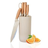 Kitchen Knife Set, 6-Piece Khaki Cooking Knife Set with Star Grain Blade, Sharp Stainless Steel Chef Knife Set Contains Round Knife Storage, Knives, Scissors for Home Kitchen (Khaki)