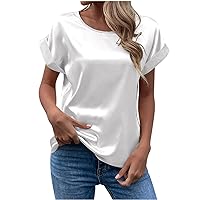 Elegant Blouses for Women Satin Business Casual Tops Crewneck Short Sleeve Shirts Office Ladies Summer Work Tee Shirts