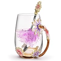 OEAGO Purple Gifts for Women Mom Valentines Mothers Day Glass Coffee Enamels Mug Best Birthday Flower Gifts for Her from Daughter Son Lead-Free Christmas Tea Cup with Spoon Set