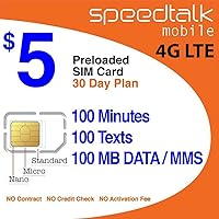 SpeedTalk Mobile $5 Prepaid Wireless Pay Go Plan for Smartphones & Cellphones | 5G 4G LTE | 100 Talk, 100 Text, 100 MB Data |Triple Cut (Mini,Micro,Nano) Sim Card | No Contract | 30 Day Service