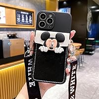 for iPhone 13 Pro Max Mickey Mouse Case,Cute Cartoon Black Ears Card Holder Coin Purse Women Girls Kids Soft TPU Protective Phone Case Cover with Crossbody Lanyard 6.7''