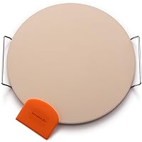 KitchenStar Pizza Stone 16 inch with Handles (Large) - Cordierite Baking Stone Set with Metal Rack & Plastic Scraper - High Temperature Resistant Ceramic Pizza Stones for Oven, Grill or Smoker