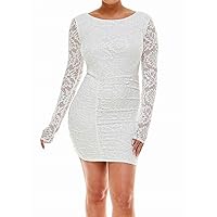 Womens White Stretch Lace Open-Back Shirred Long Sleeve Round Neck Mini Cocktail Body Con Dress Juniors S