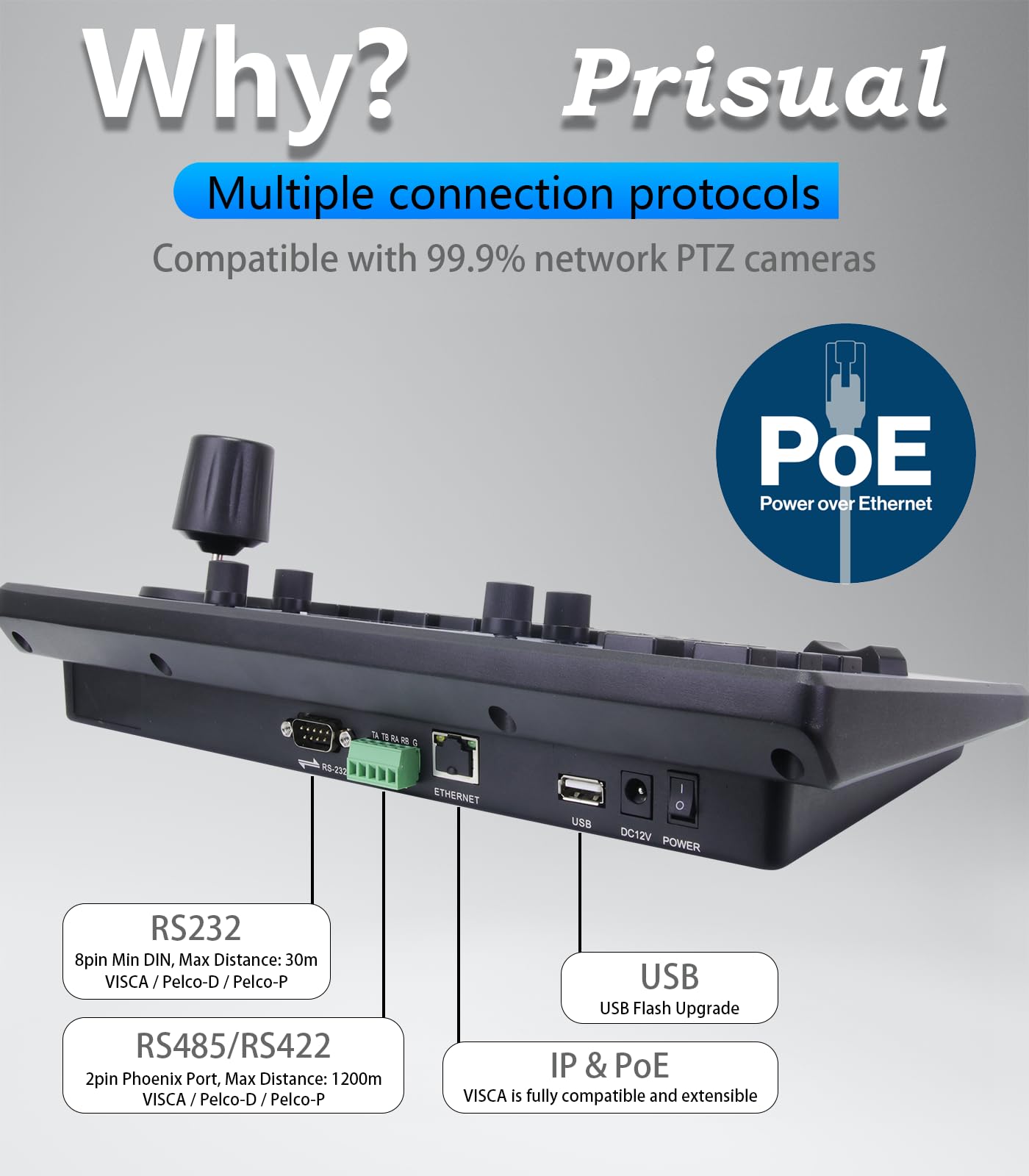 Prisual PTZ Camera Controller PoE 4D Joystick LCD Screen Setup, Elevate Your Church Live Streaming with VISCA is Fully Compatible and extensible, Pelco D/P RS232 RS485 (TEM-JOY1)