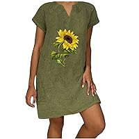 Casual Dress for Women Boho Sunflower Printed Short Sleeve Notch V Neck Linen Mini Dresses Summer Loose Flowy Short Dress