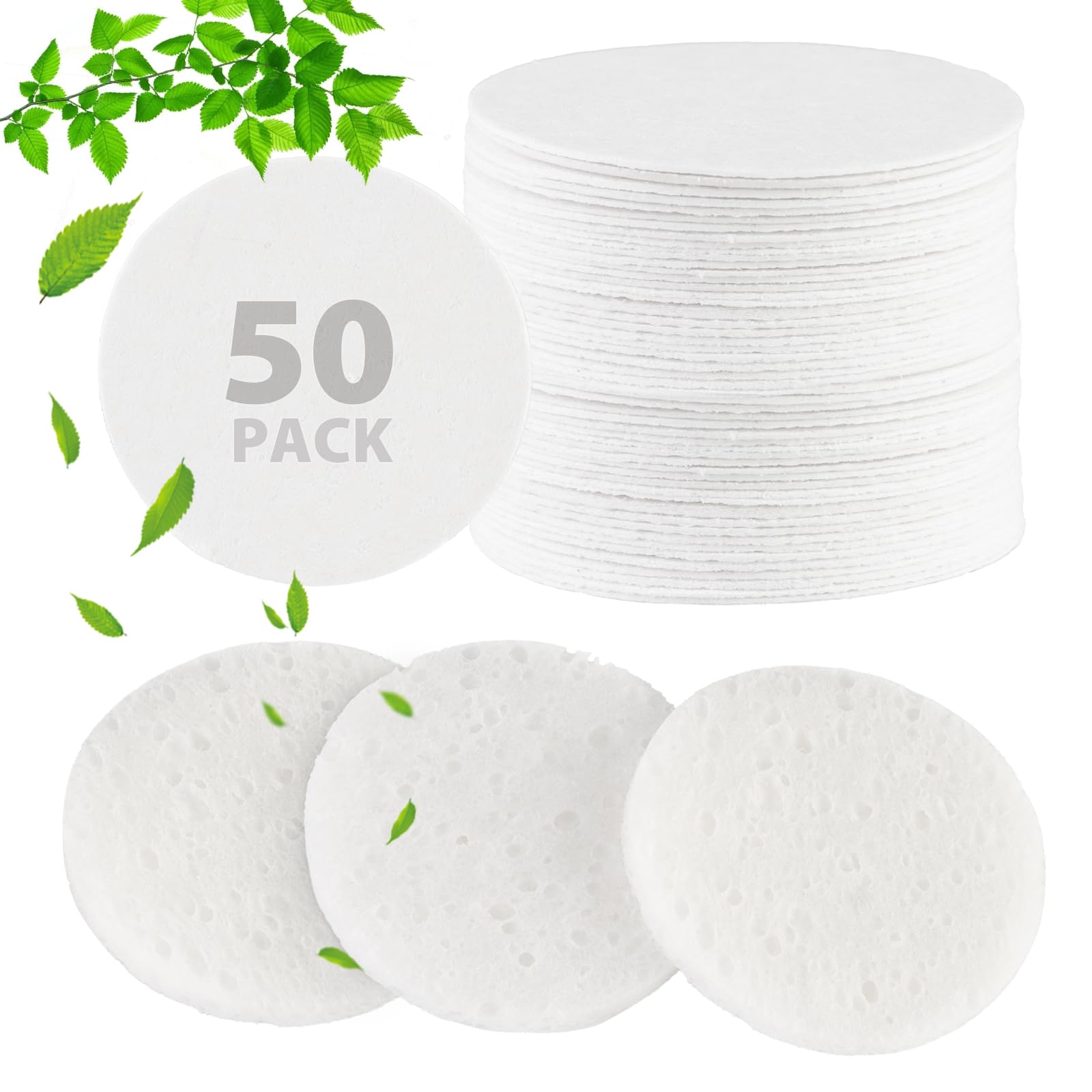 50-Count Compressed Facial Sponges, 100% Natural Cellulose Spa Sponge Perfect for for Daily Cleansing, Exfoliating, Removing Dead Skin and Makeup Removal