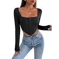 Women's Tops Sexy Tops for Women Shirts Square Neck Asymmetrical Hem Crop Tee (Color : Black, Size : XX-Small)