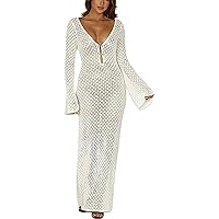Women Vintage Crochet Slim Dress Knit Fishtail Long Dress Y2k Flare Sleeve Bodycon Fit Backless Maxi Dress White