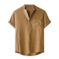 Men's Cotton Linen Henley Shirts Short Sleeve Casual Banded Collar Shirt Plain Summer Beach Hippie Hawaiian Shirts