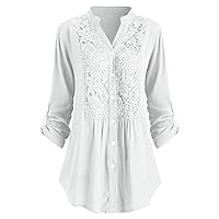 Plus Size Women Lace Flower Button Down Tunic Tops Long Sleeve Stand Collar Curved Hem Shirts Casual Solid Blouses