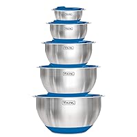 VIKING Culinary Stainless Steel Mixing Bowl Set, 10 piece, Non-slip Silicone Base, Includes Airtight Lids, Dishwasher Safe, Blue