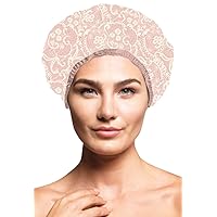Reusable Nylon Shower Cap & Bath Cap, Reversible Oversized Waterproof Shower Caps Large Designed for all Hair Lengths w Terry Lining & Elastic Band Stretch Hem Hair Hat - Socialite Pretty in Pink Lace