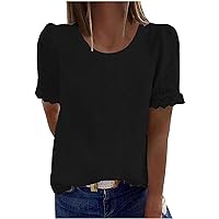 Women's Puff Sleeve Summer Tee Lace Trim Casual Tops Cute Trendy Pom Pom Shirts Loose Plain Tunic Going Out Tee