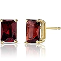 Peora Garnet Earrings for Women in 14 Karat Yellow Gold, Classic Solitaire Studs, 7x5mm Radiant Cut, 2.50 Carats total, Friction Back