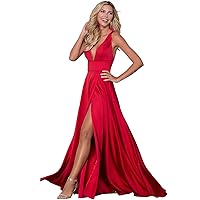 Women' Sexy Deep V-Neck Party Prom Dress A-Line Long Satin Formal Evening Gown Slit