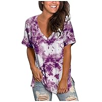 Women Short Sleeve Plus Size Tops, Summer Tie Dye T-Shirt Fashion Casual Vneck Blouse Comfy Soft Loose Fit Tunic Top