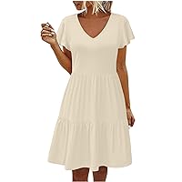 2024 Women's Solid Casual Dresses Ruffle Cap Sleeve V-Neck Mini Summer Loose Fit Tunic A-Line Dress with Pockets