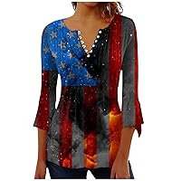 Red White and Blue Shirts for Women,4th of July Shirts for Women Independence Day Star Stripes Print Tops Casual Bell 3/4 Sleeve Button V Neck Blouse Womens 3/4 Sleeve T Shirts