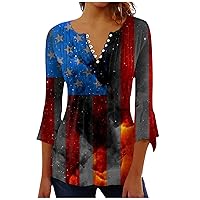 4th of July Funny Shirt 3/4 Length Sleeve Plus Size Trendy Crewneck Blouse 2024 Independence Day T-Shirt